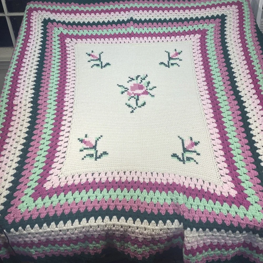 Vintage Crochet Afghan Throw Blanket Handmade Beige Pink Green Flowers 53x59